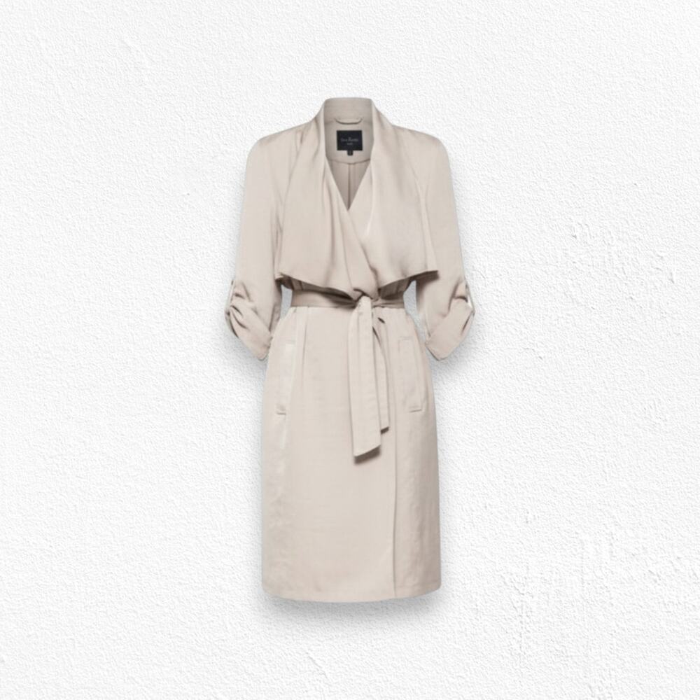 BCBGMAXAZRIA Khaki Tan Draped Belted Sateen 3/4 Sleeve Trench Dress Size XS